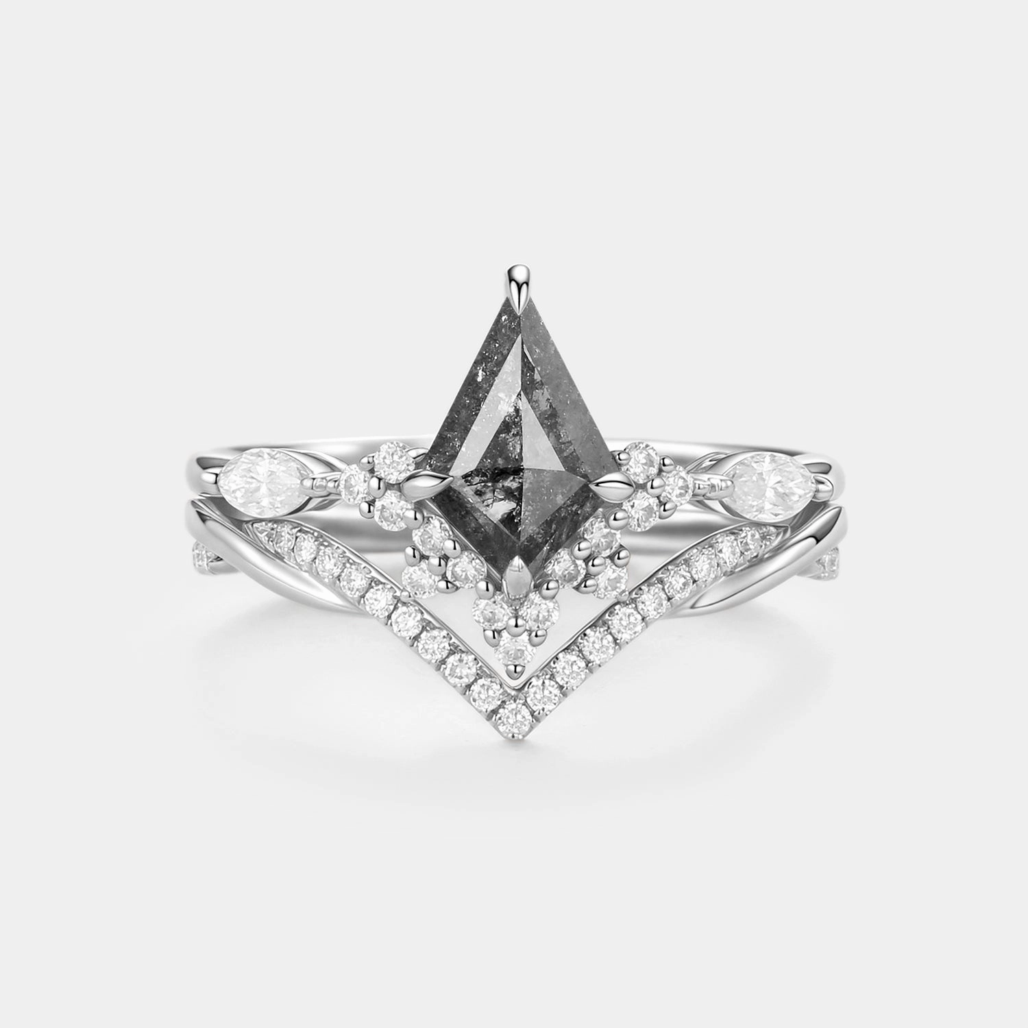 Kite Salt and Pepper Diamonds Twist Engagement Ring Set 2pcs - Gale Refined Glow Glittering Sparkle