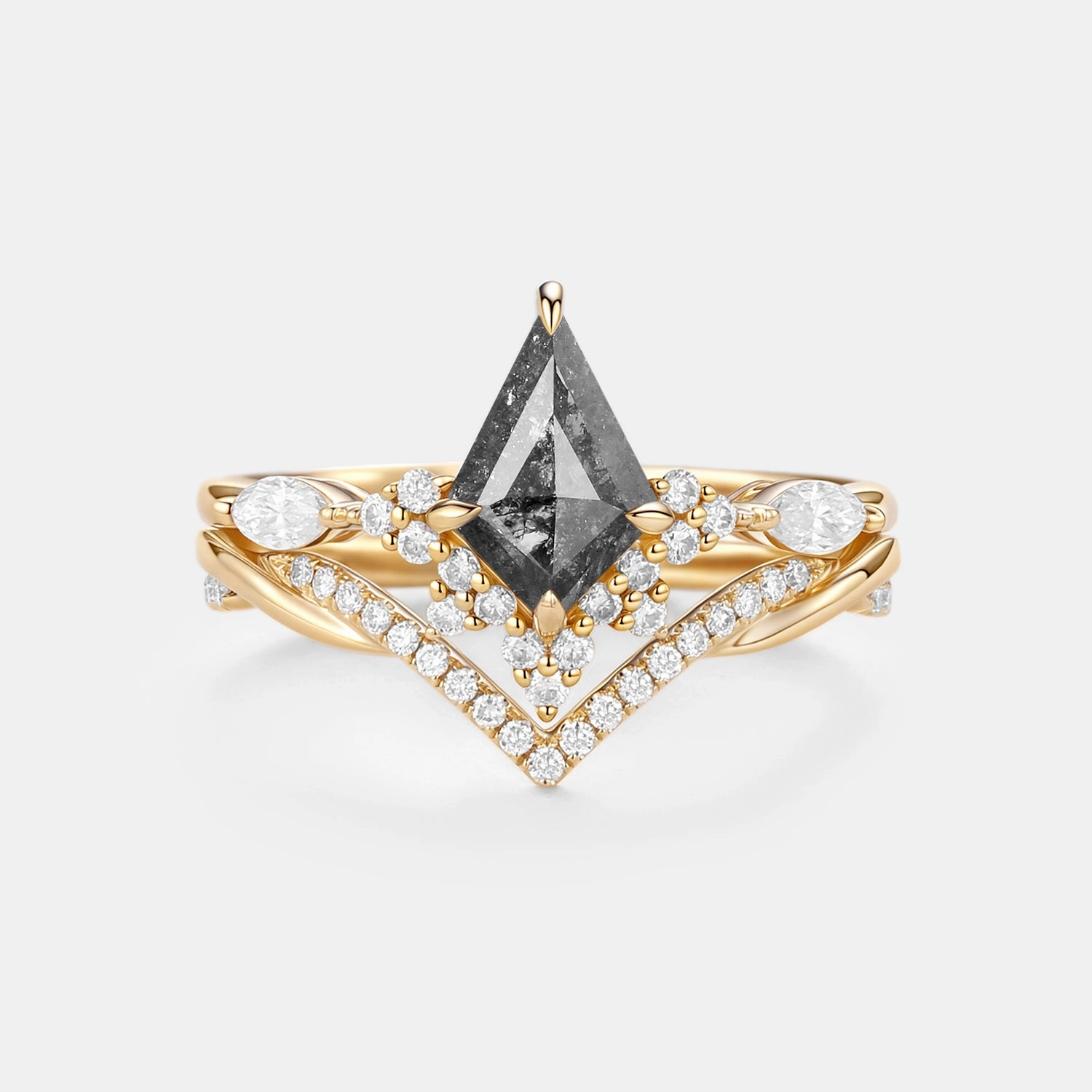 Sparkling Accent Kite Salt and Pepper Diamonds Twist Engagement Ring Set 2pcs - Gale