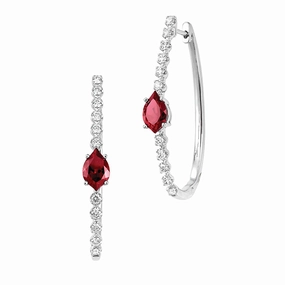 14K white gold hoop earrings featuring 8x5mm flame-cut Chatham lab grown rubies with Chatham lab grown diamond accents. Gloss Accent Exquisite Shine Finish