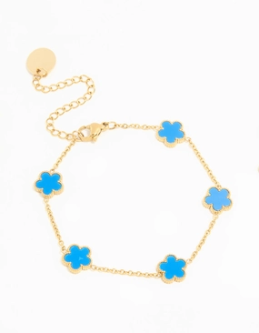 Romantic Mood Waterproof Gold Plated Stainless Steel Blue Inlay Flower Petals Charm Bracelet