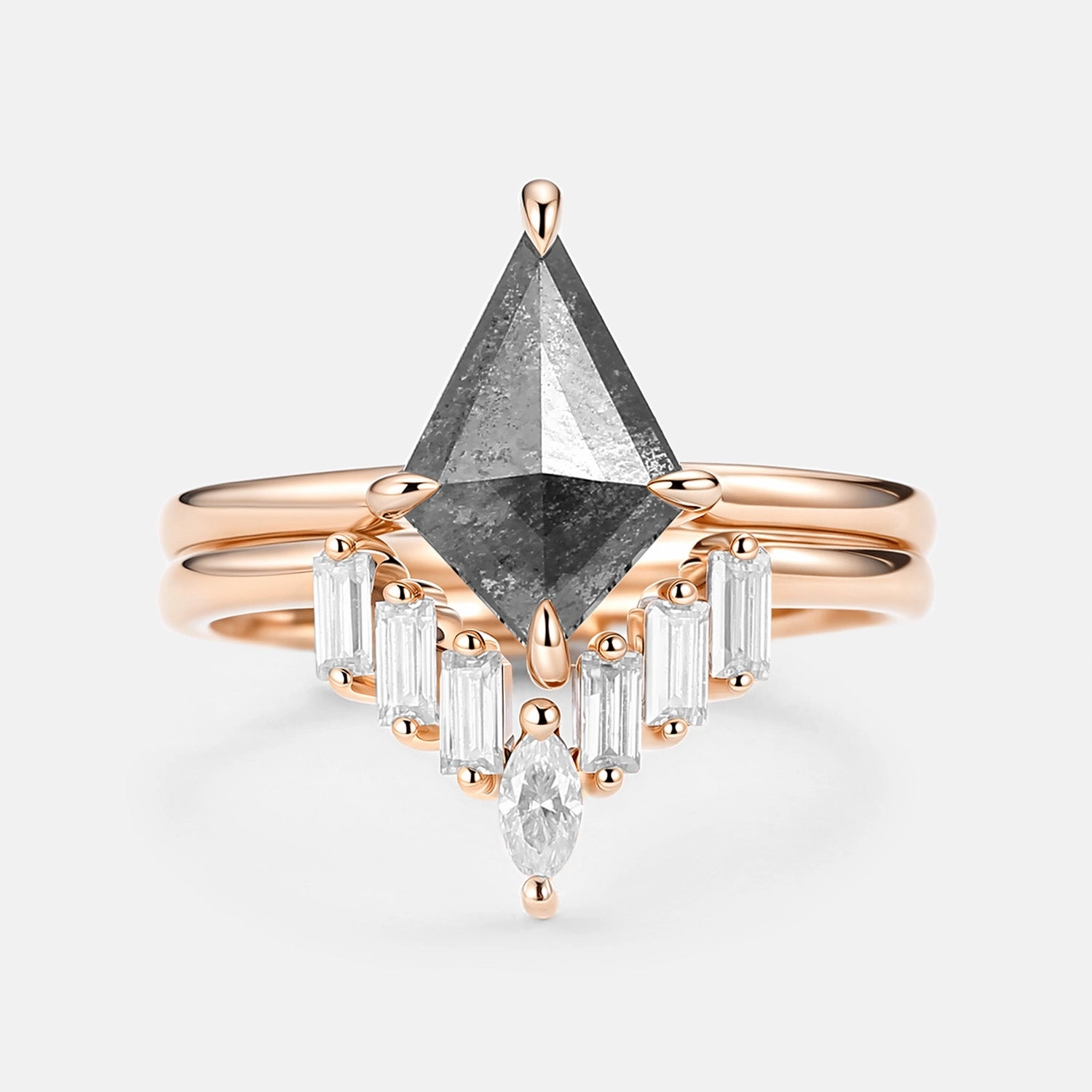 Salt and Pepper Diamonds Elongate Engagement Ring Set 2pcs - Cielo Delicate Decoration Ribbon Winner