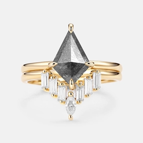 Salt and Pepper Diamonds Elongate Engagement Ring Set 2pcs - Cielo Bridal Style