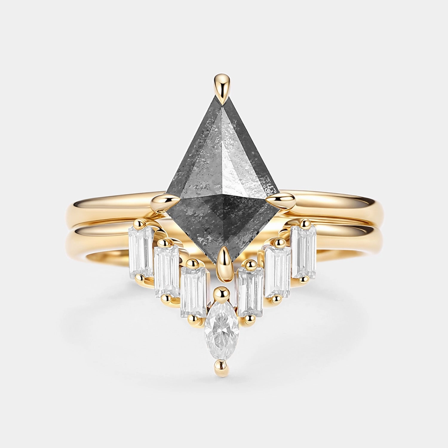 Salt and Pepper Diamonds Elongate Engagement Ring Set 2pcs - Cielo Polished Texture