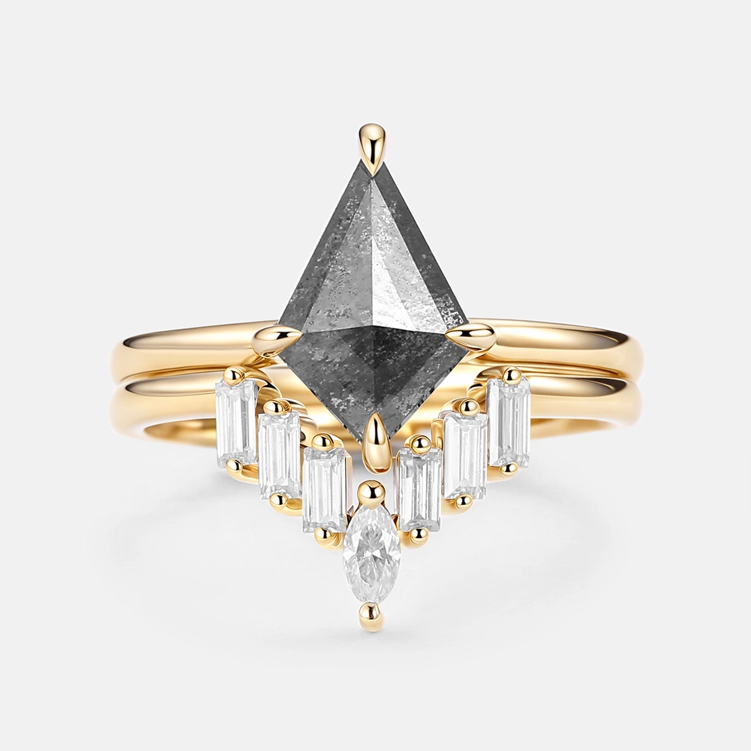 Salt and Pepper Diamonds Elongate Engagement Ring Set 2pcs - Cielo Elegant Sign Shared Experience