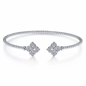 Elegant Treasures 14K White Gold Bujukan Split Cuff Bracelet with Diamond Flower Caps