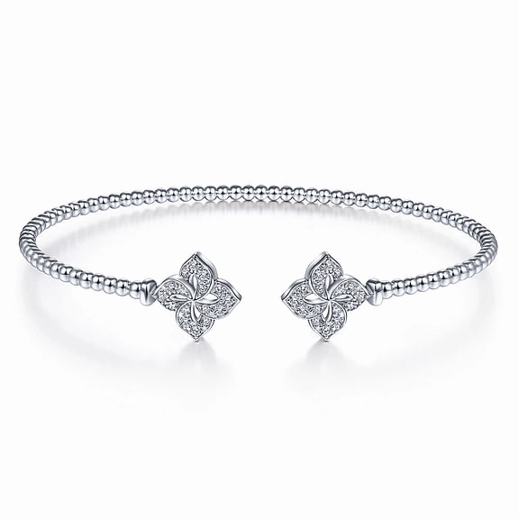 Elegant Treasures 14K White Gold Bujukan Split Cuff Bracelet with Diamond Flower Caps