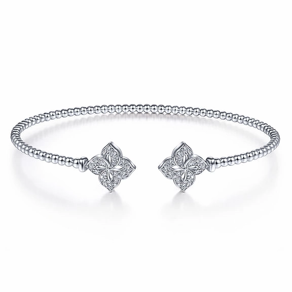 Soft Geometry Elegant Statement 14K White Gold Bujukan Split Cuff Bracelet with Diamond Flower Caps
