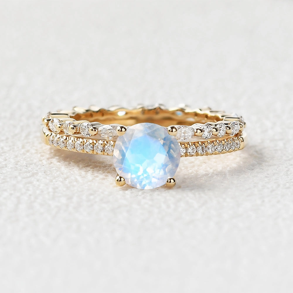 Round Cut 4 Prongs Moonstone Engagement Ring Set 2pcs Senior Gift