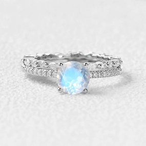 Round Cut 4 Prongs Moonstone Engagement Ring Set 2pcs Understated Elegance