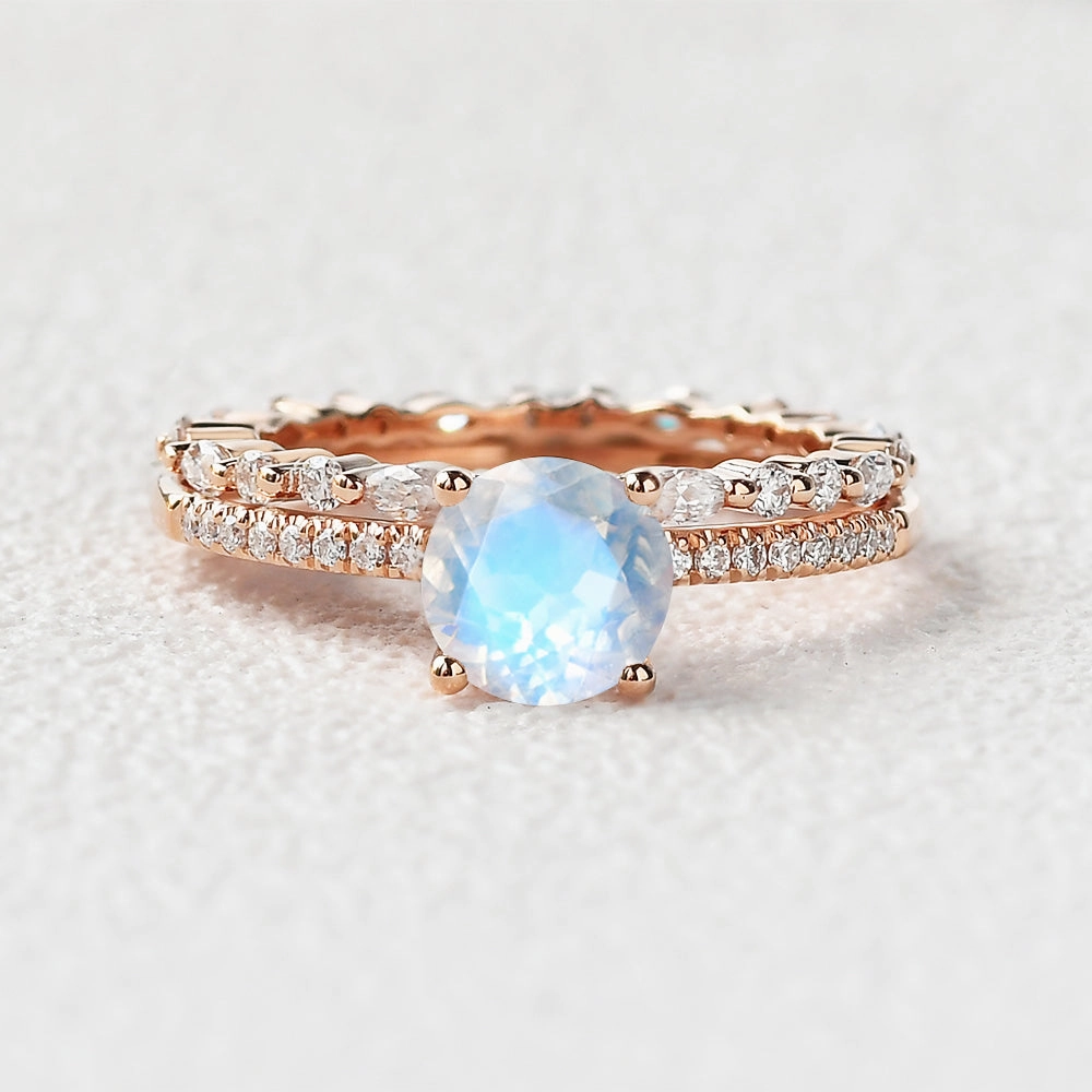 Modern Form Round Cut 4 Prongs Moonstone Engagement Ring Set 2pcs