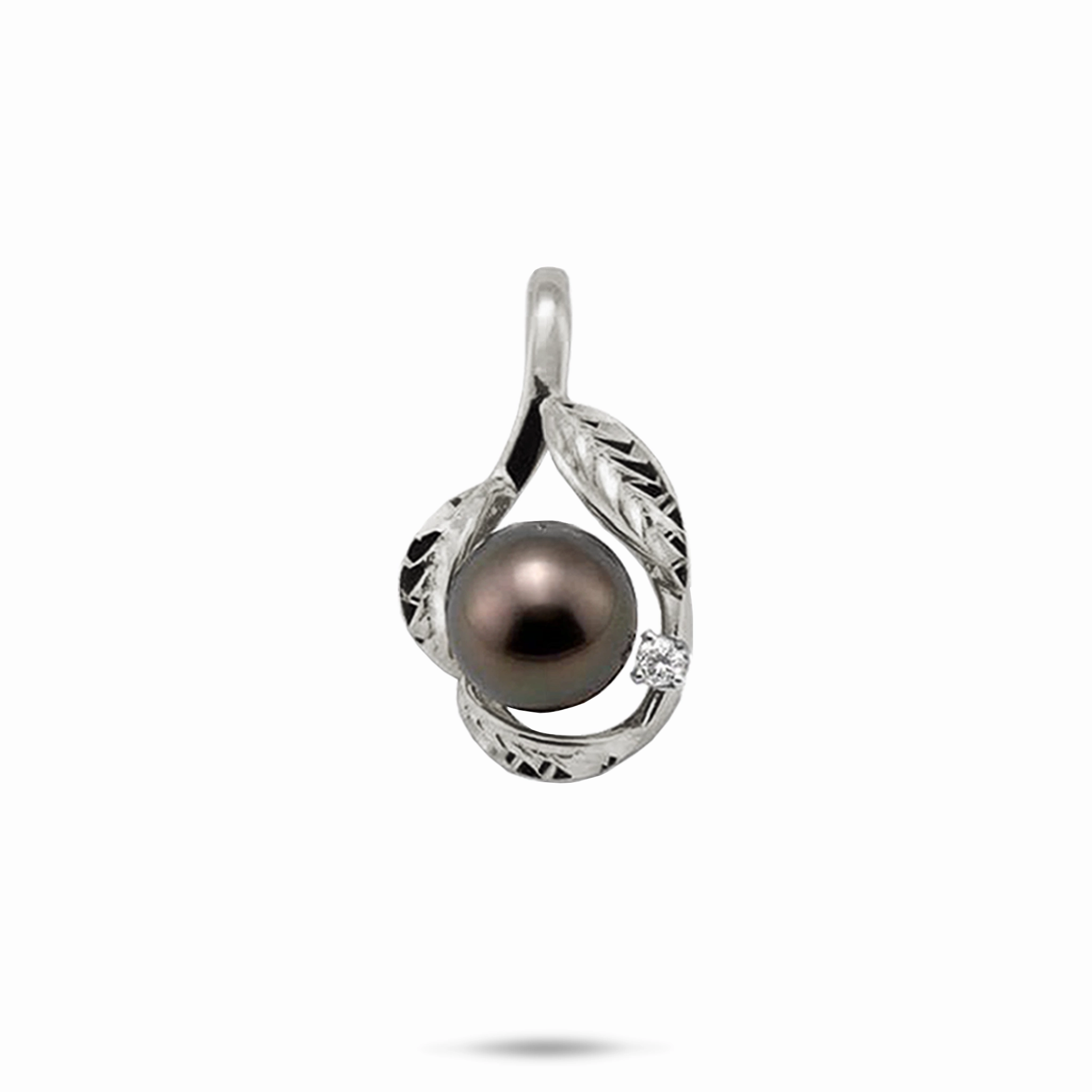 Cozy Glow Maile Tahitian Black Pearl Pendant in White Gold with Diamond - 9-10mm