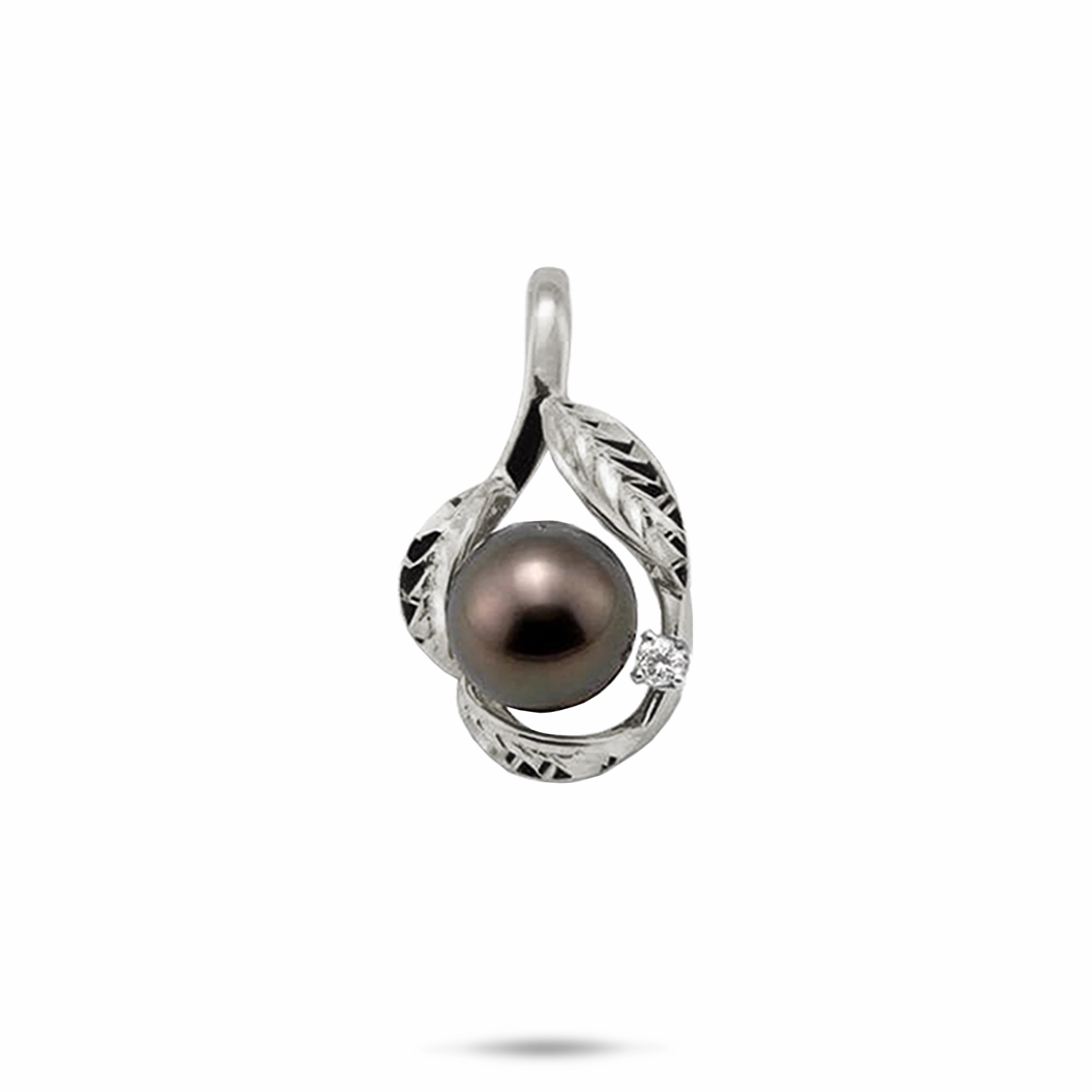 Maile Tahitian Black Pearl Pendant in White Gold with Diamond - 9-10mm Distinctive Detailing Everyday Finish