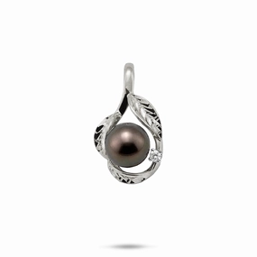 Maile Tahitian Black Pearl Pendant in White Gold with Diamond - 9-10mm Distinctive Detailing Everyday Finish
