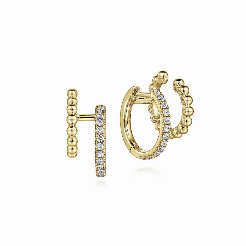 14K Yellow Gold Diamond Huggie And Bujukan Cuff Earrings Handcrafted Accent Refined Elegance
