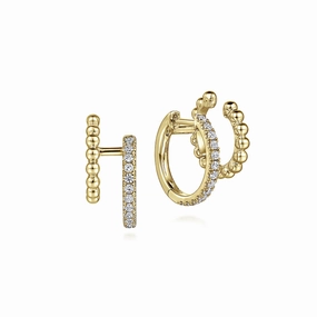 14K Yellow Gold Diamond Huggie And Bujukan Cuff Earrings Handcrafted Accent Refined Elegance