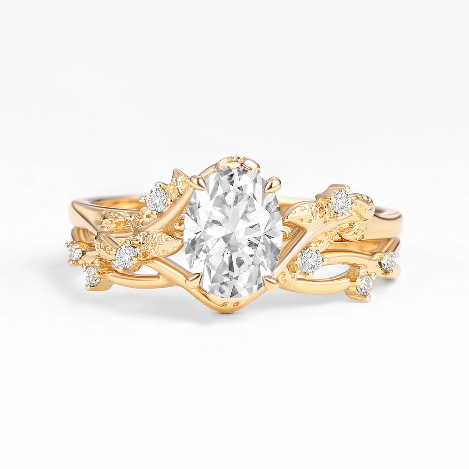 Nature Inspired - Oval Cut Moissanite Leafy Gold Ring Set 2pcs - Mossy Charming Gifts