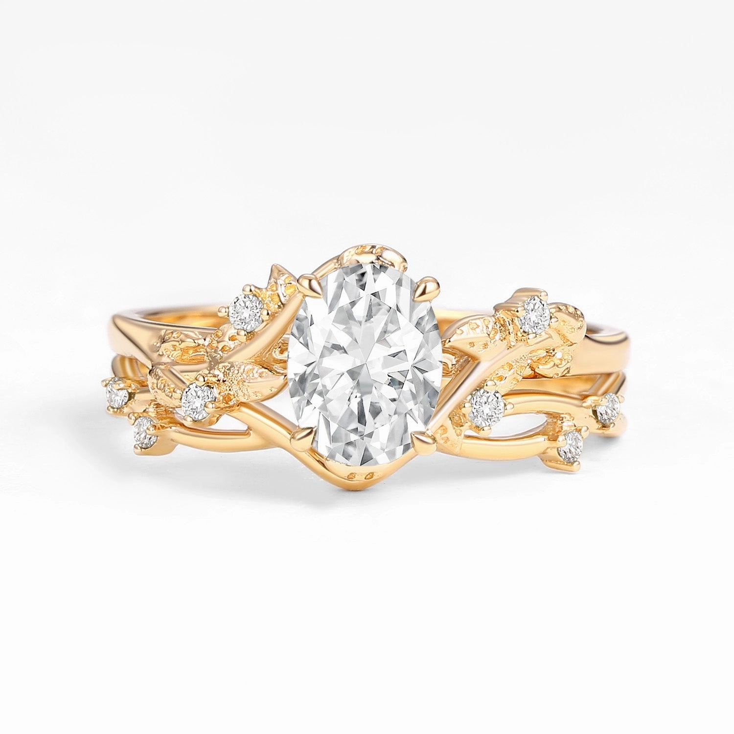 casual outing Dreamy Gift Nature Inspired - Oval Cut Moissanite Leafy Gold Ring Set 2pcs - Mossy