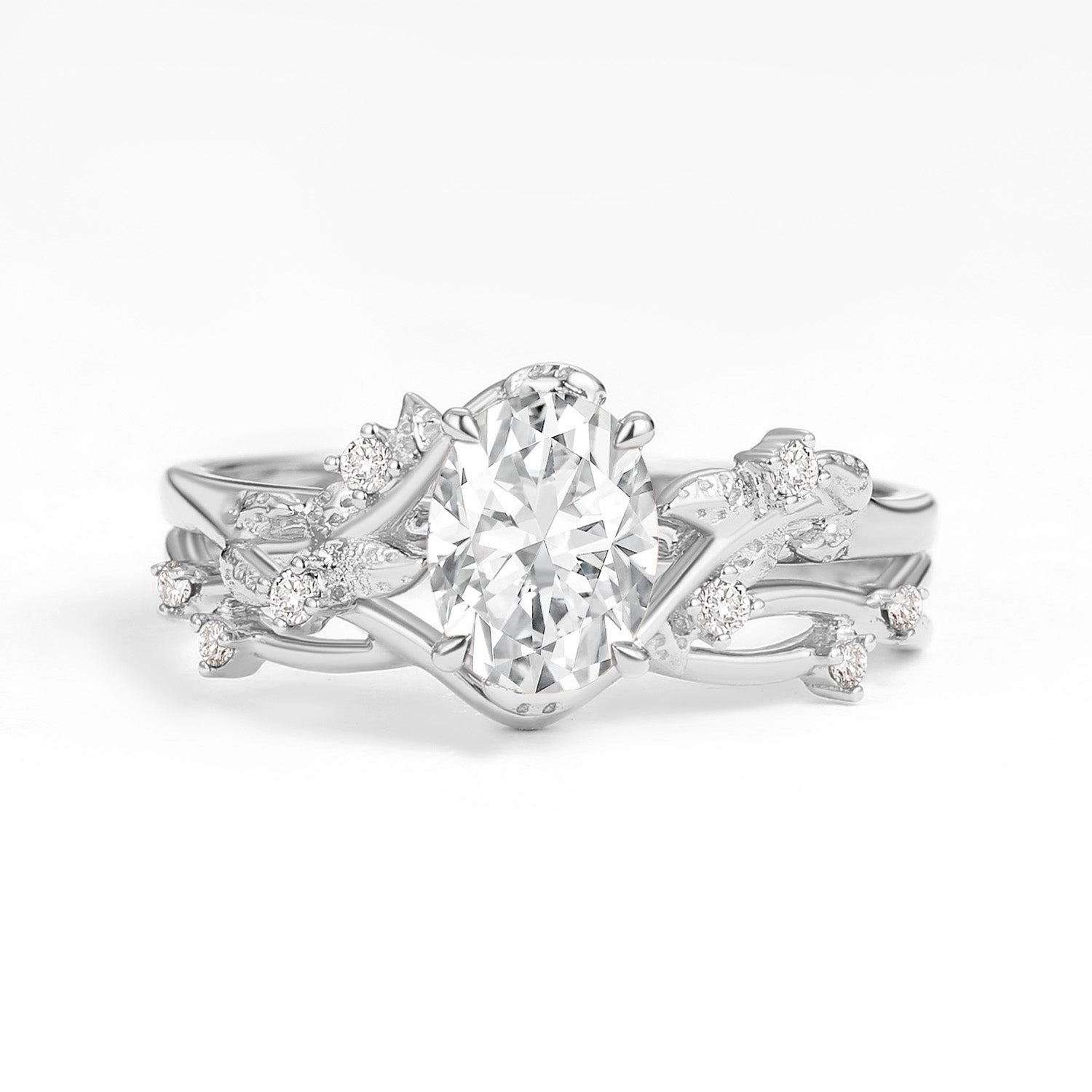 Easy Clean Custom Piece Nature Inspired - Oval Cut Moissanite Leafy Gold Ring Set 2pcs - Mossy