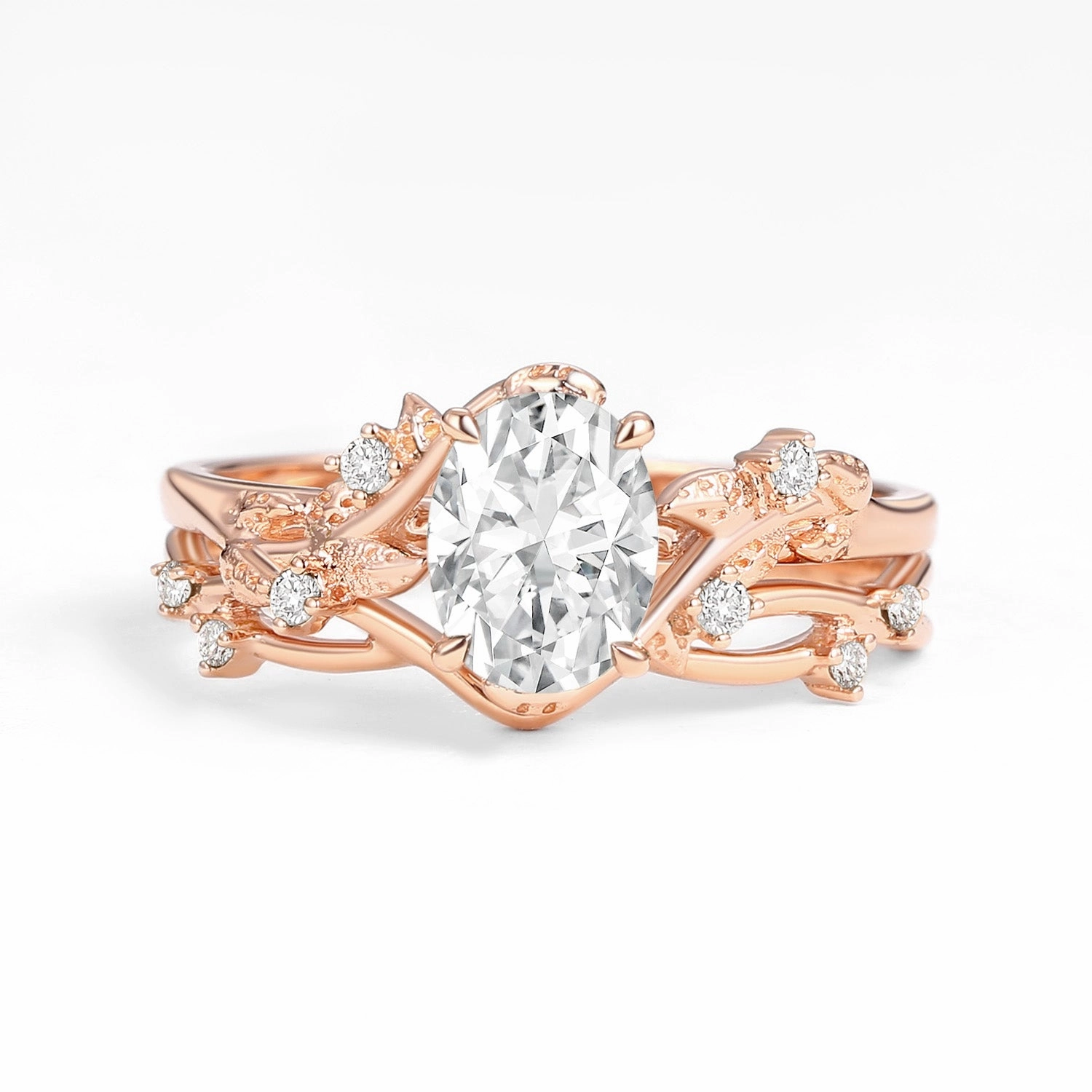 Nature Inspired - Oval Cut Moissanite Leafy Gold Ring Set 2pcs - Mossy Customizable item