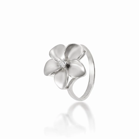 Silhouette Focus Natural Detail Plumeria Ring in White Gold with Diamond - 16mm