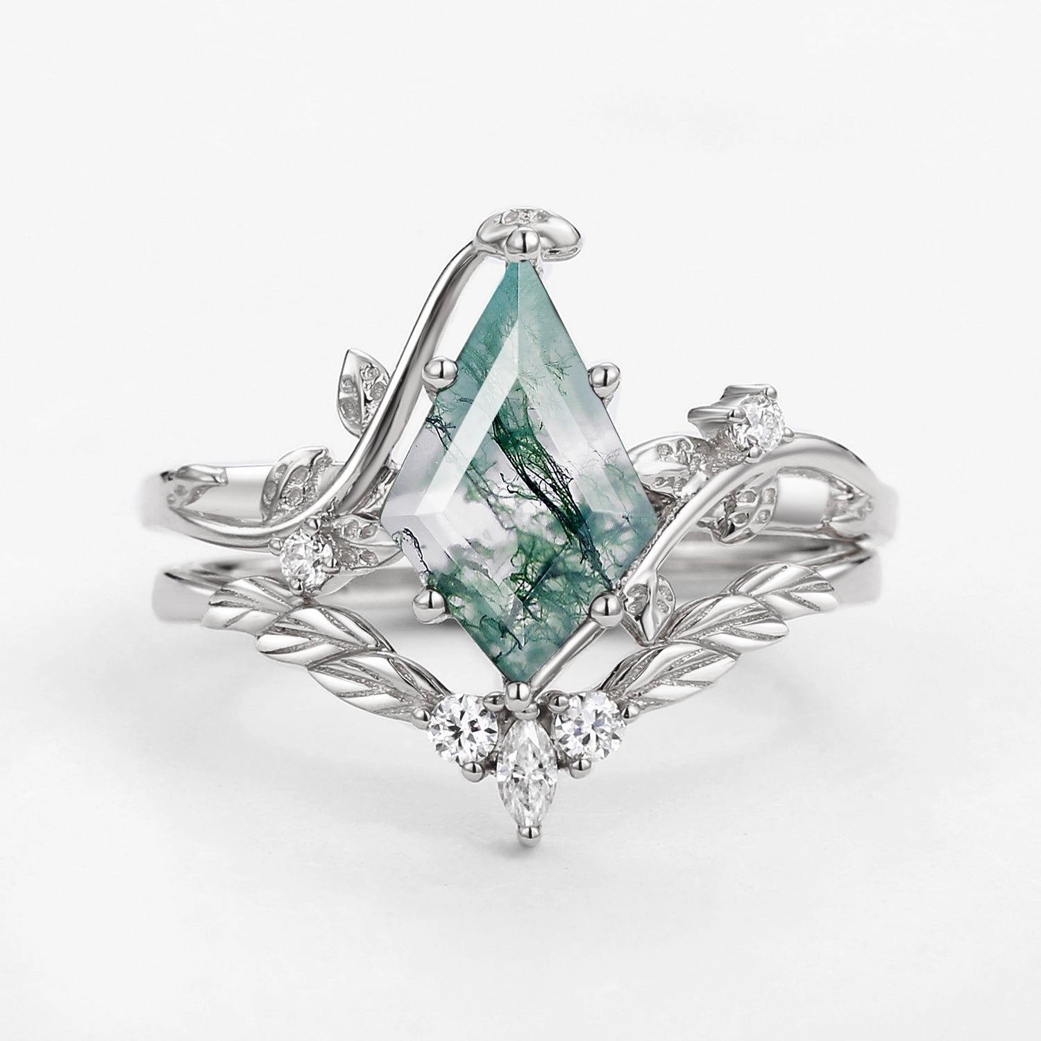 Stylish Form Moss Agate Kite Cut Vine Engagement Ring Set 2pcs - Twigs