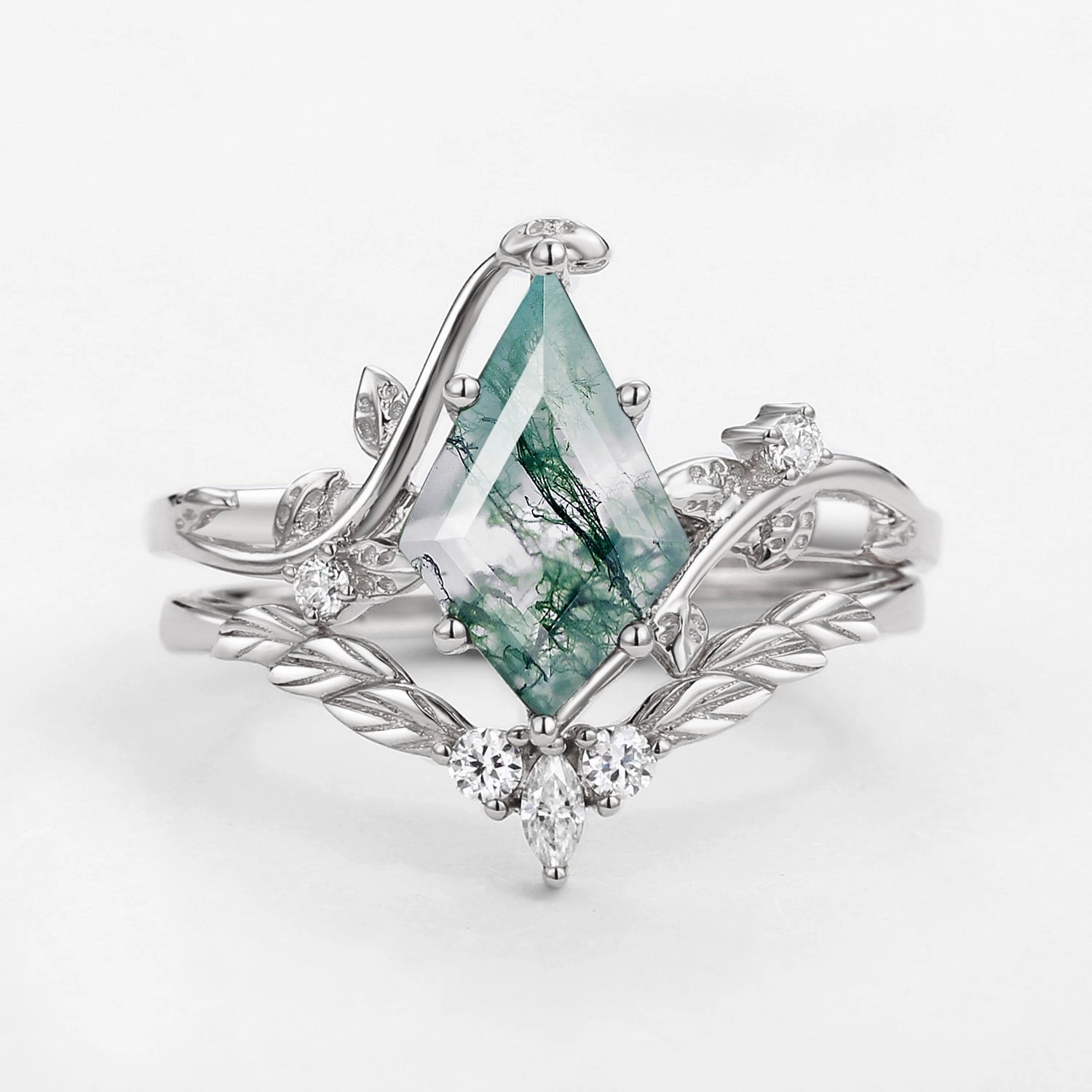 Luxury Ready Graceful Elegance Moss Agate Kite Cut Vine Engagement Ring Set 2pcs - Twigs