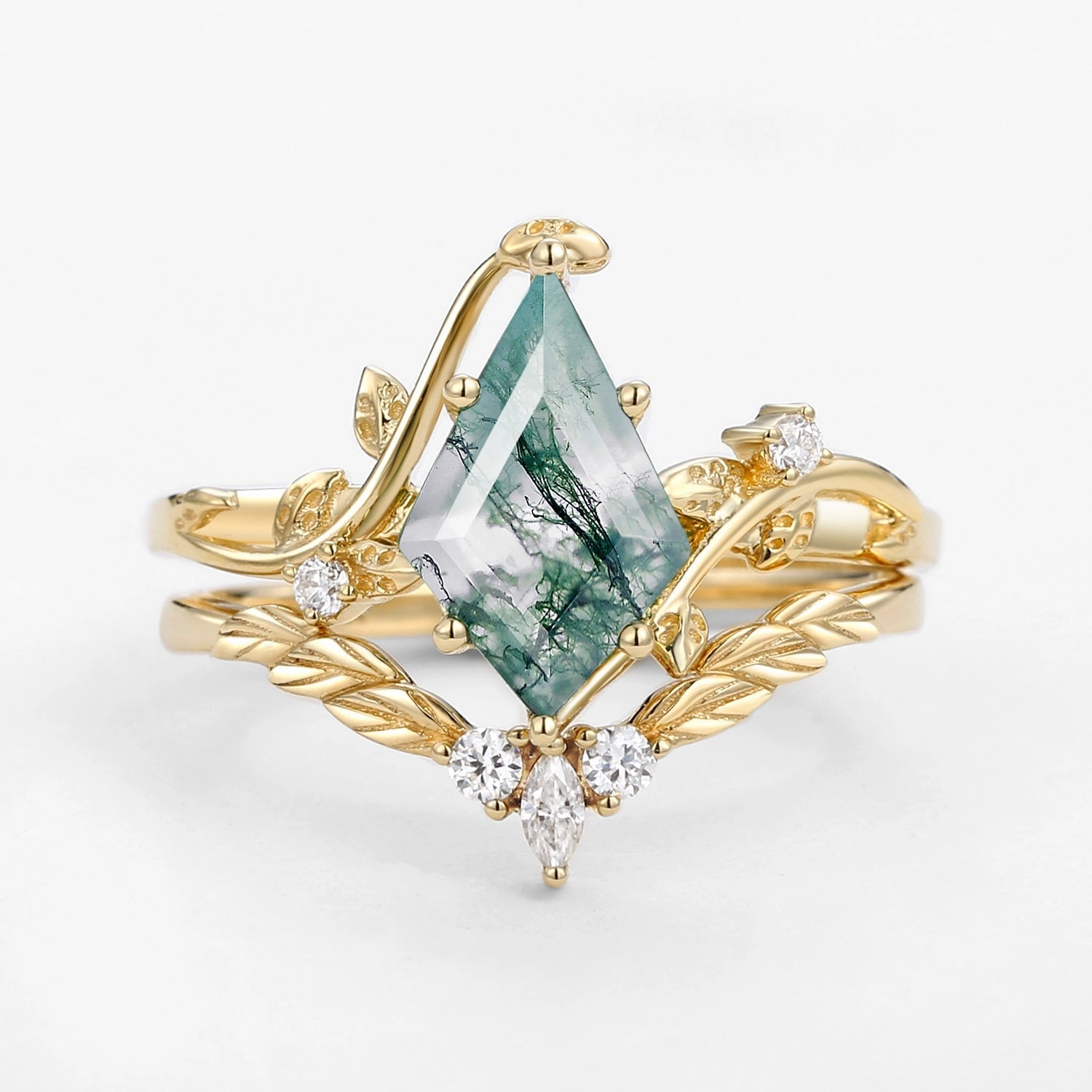 Moss Agate Kite Cut Vine Engagement Ring Set 2pcs - Twigs Budget Product Minimal Texture