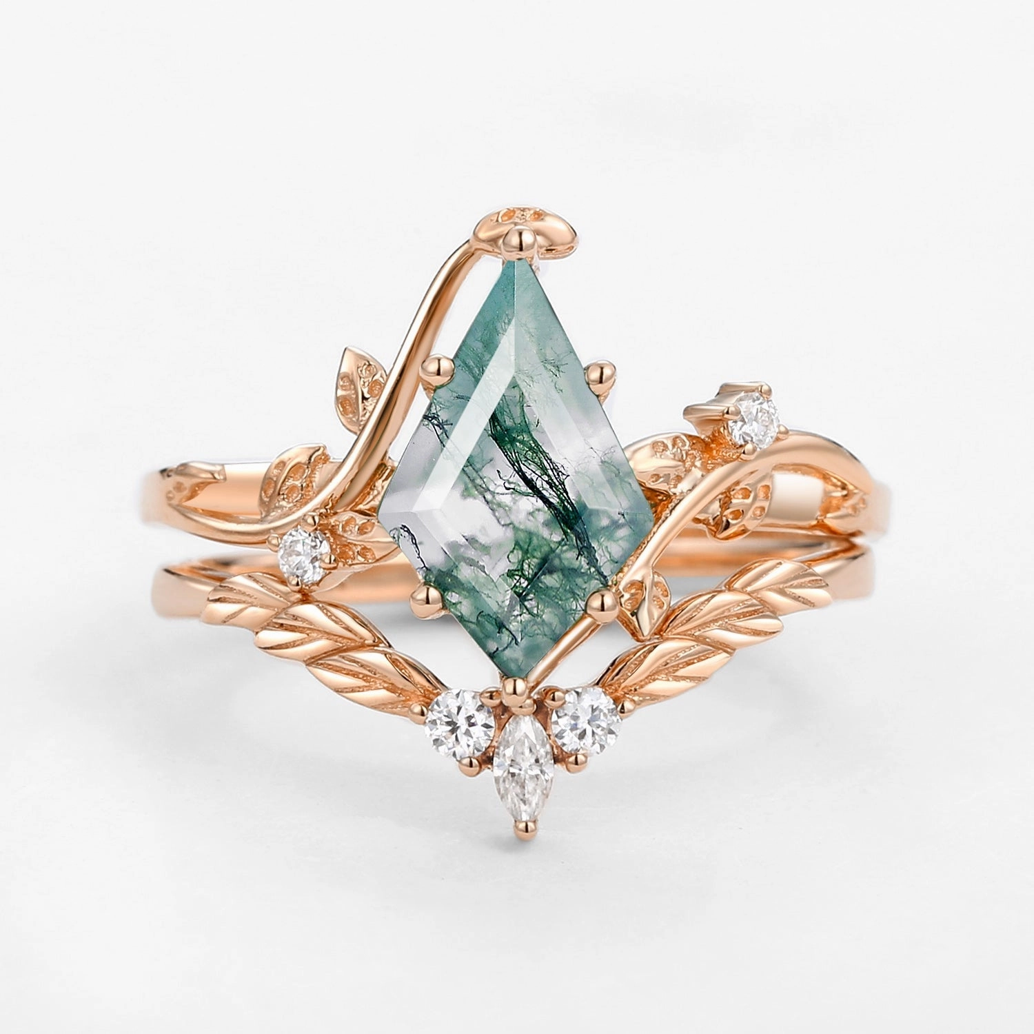 Moss Agate Kite Cut Vine Engagement Ring Set 2pcs - Twigs Evening Collection Sparkling Detail