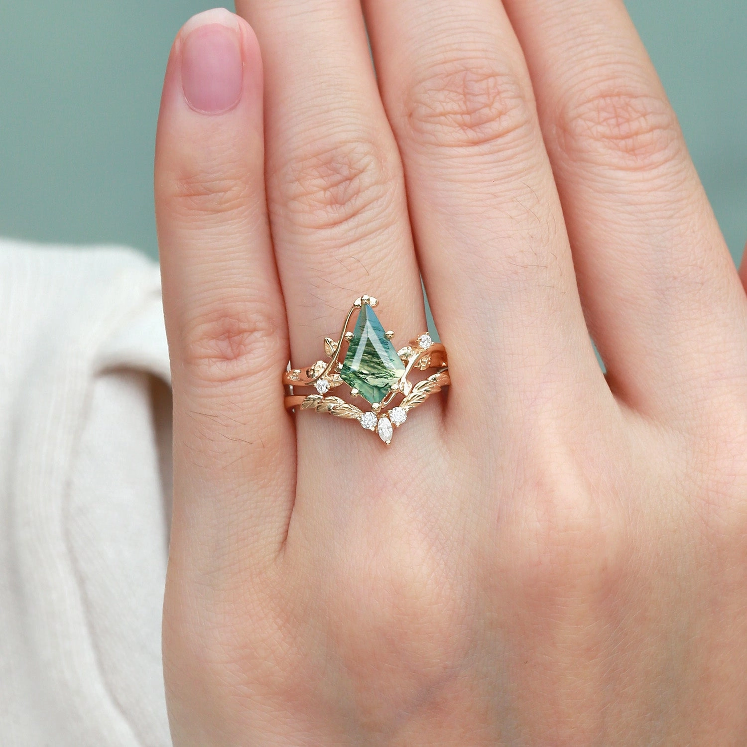 Moss Agate Kite Cut Vine Engagement Ring Set 2pcs - Twigs Urban Style