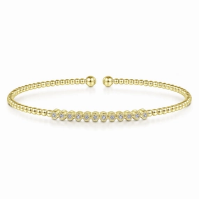 Cool Moment 14K Yellow Gold Bujukan Bead Cuff Bracelet with Bezel Set Diamond Stations
