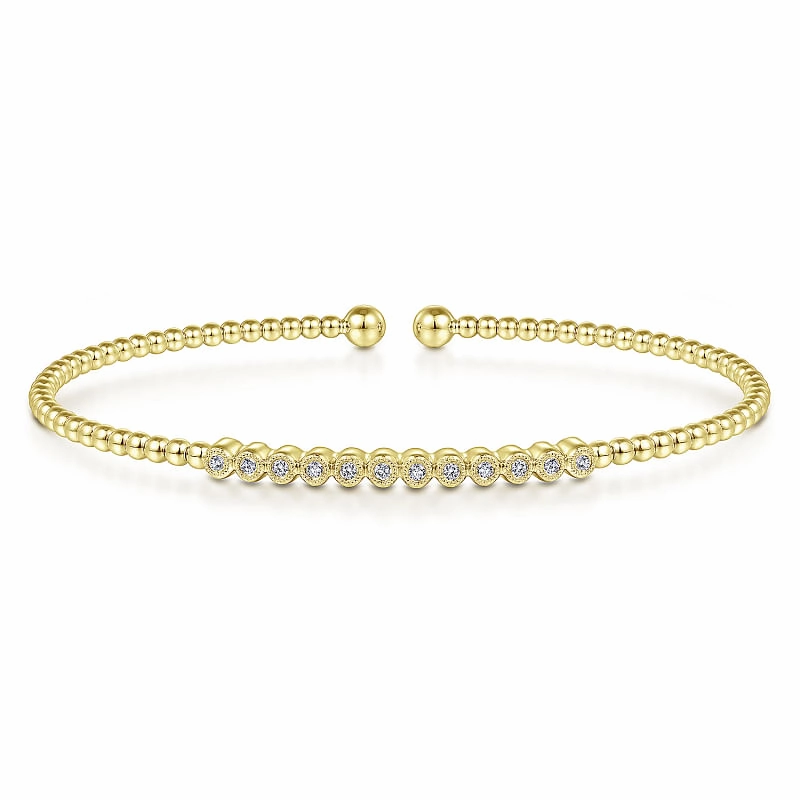 Cool Moment 14K Yellow Gold Bujukan Bead Cuff Bracelet with Bezel Set Diamond Stations