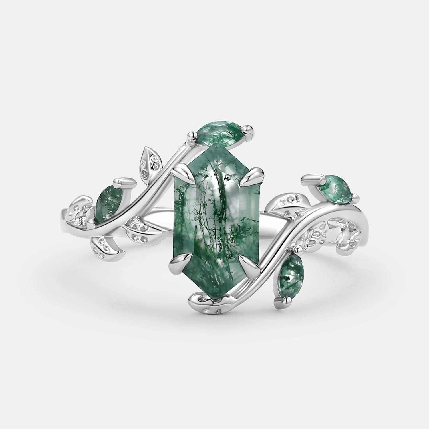 Hexagon Cut Moss Agate Leafy Vintage Engagement Ring Branded Work Beautiful Decoration