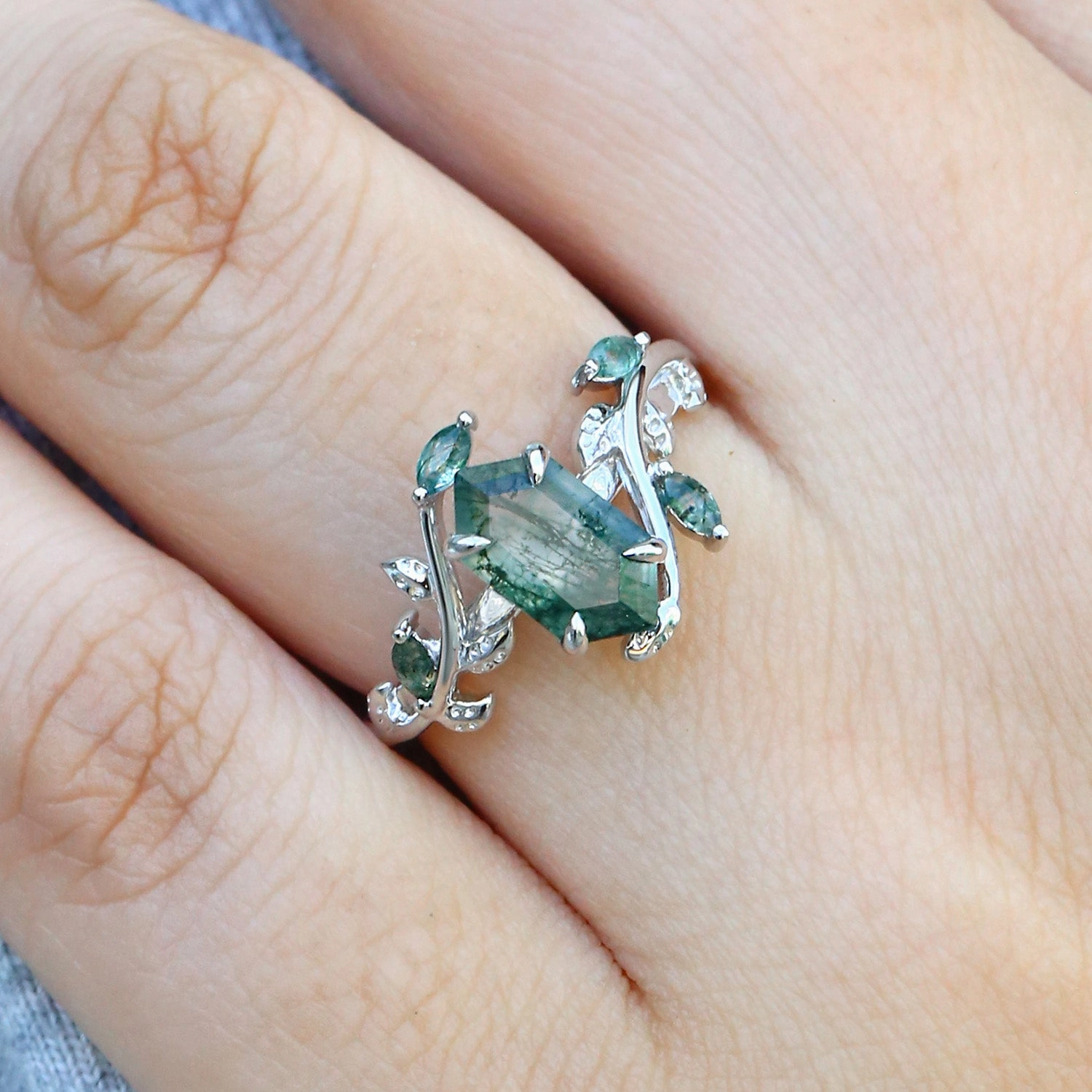 Hexagon Cut Moss Agate Leafy Vintage Engagement Ring Personal Set