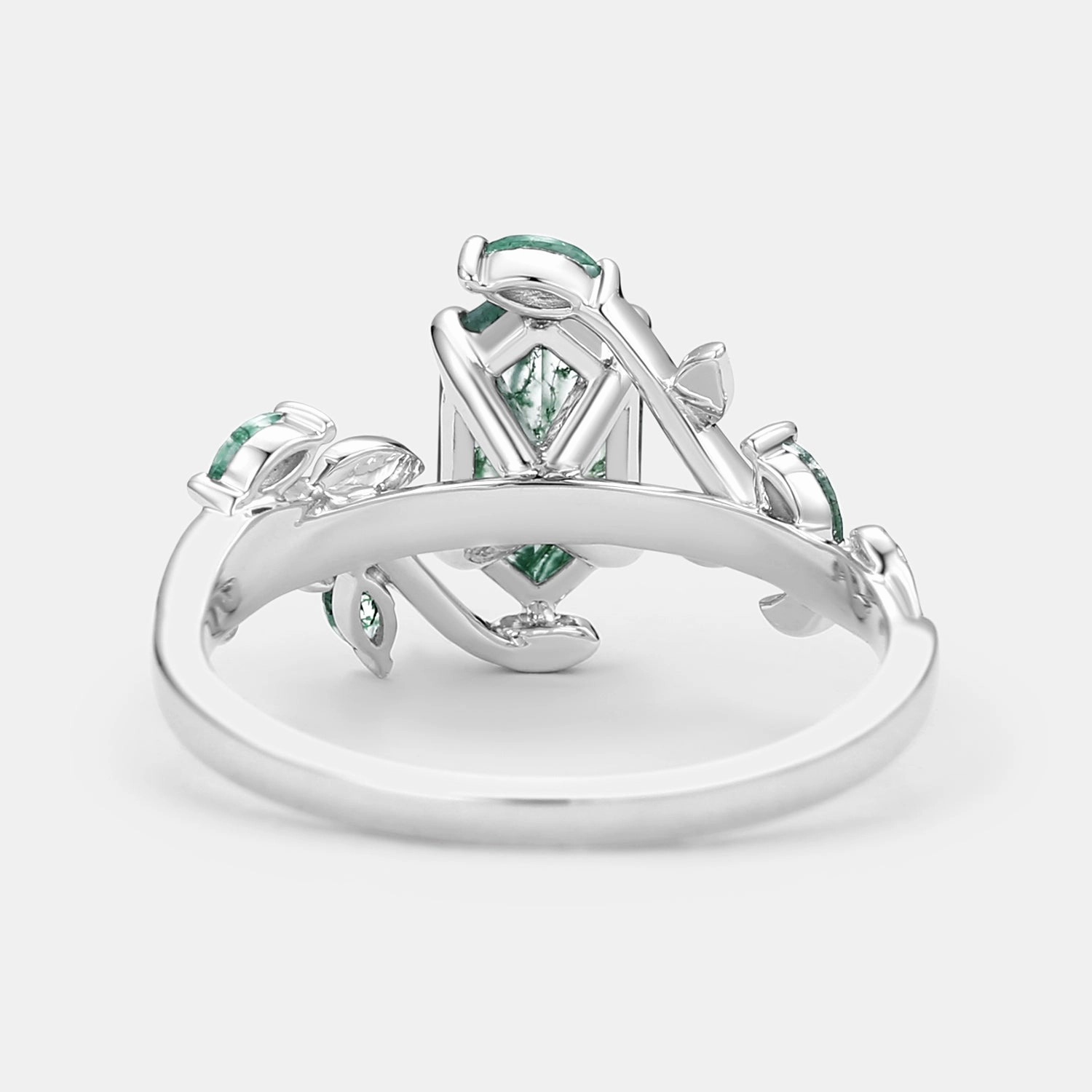 Petite Accent Subtle Vibe Hexagon Cut Moss Agate Leafy Vintage Engagement Ring