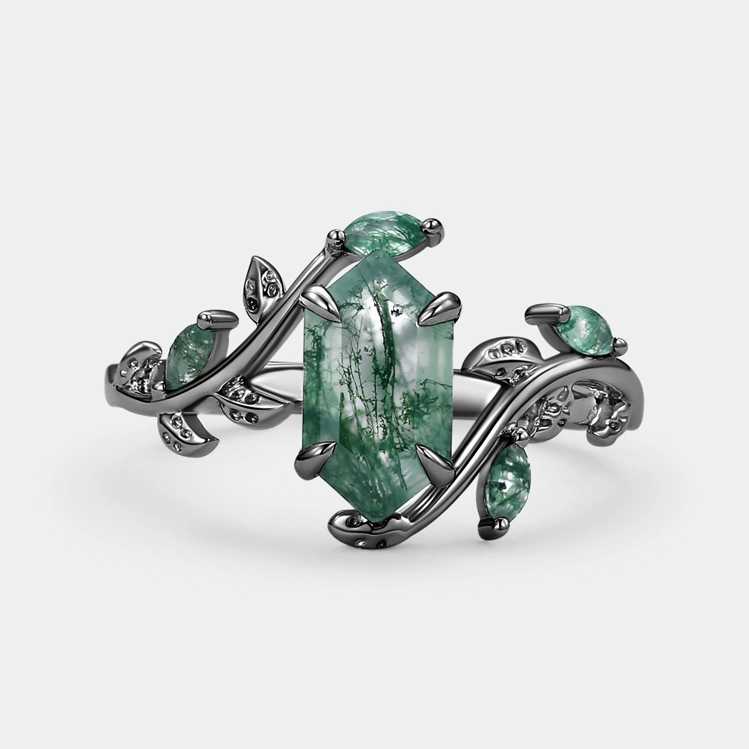 Custom Work Hexagon Cut Moss Agate Leafy Vintage Engagement Ring