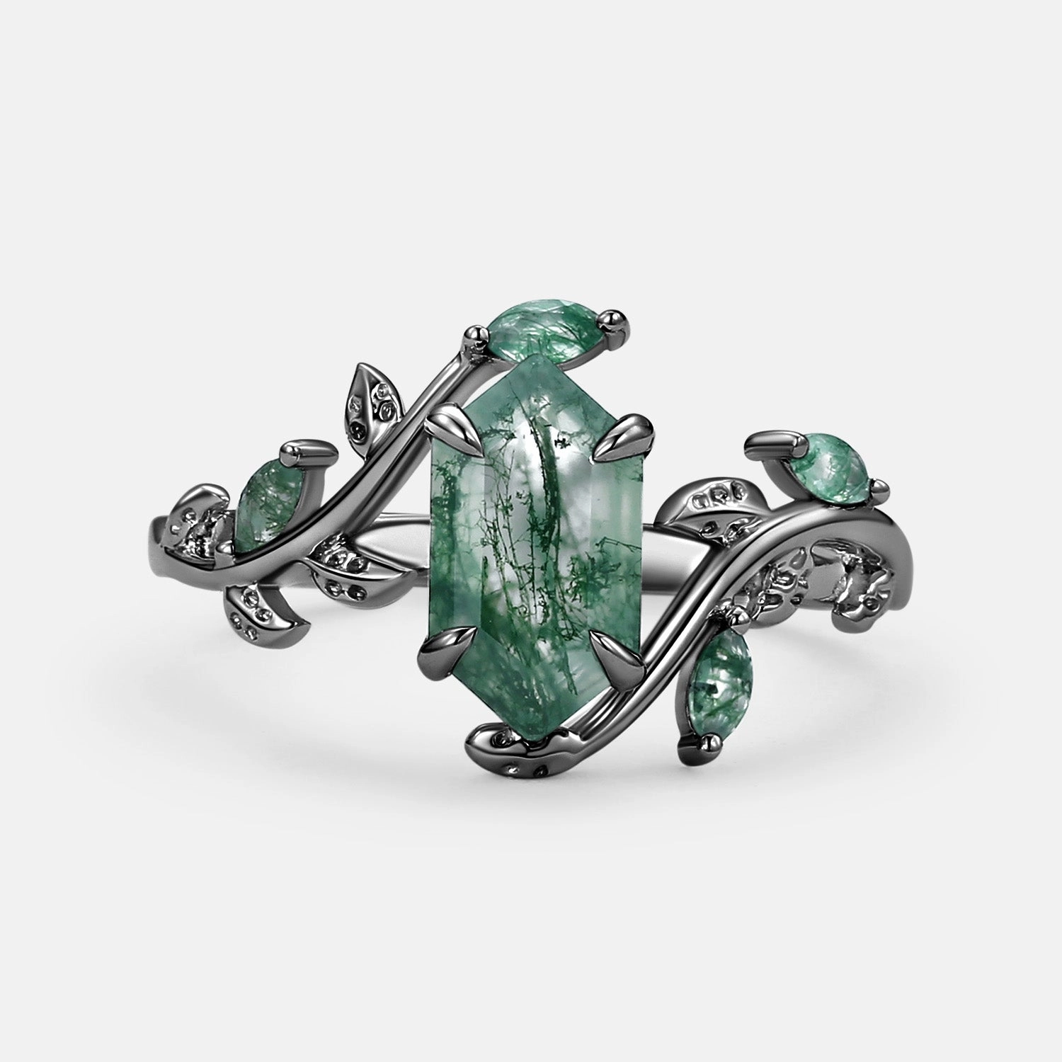 Exquisite Product Weatherproof Layer Hexagon Cut Moss Agate Leafy Vintage Engagement Ring