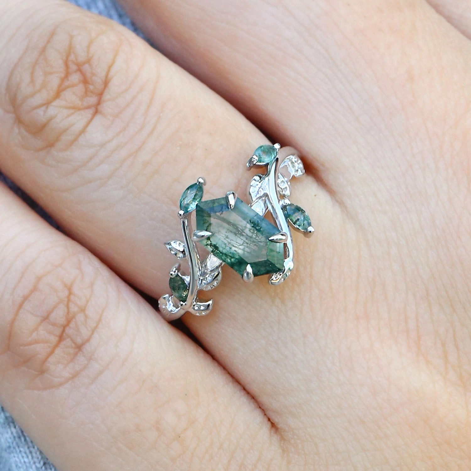 Unique Radiance Hexagon Cut Moss Agate Leafy Vintage Engagement Ring