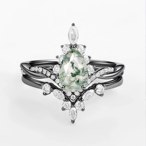 Unique Moss Agate Pear Shape Engagement Ring Sets 2pcs date night look Subtle Charm