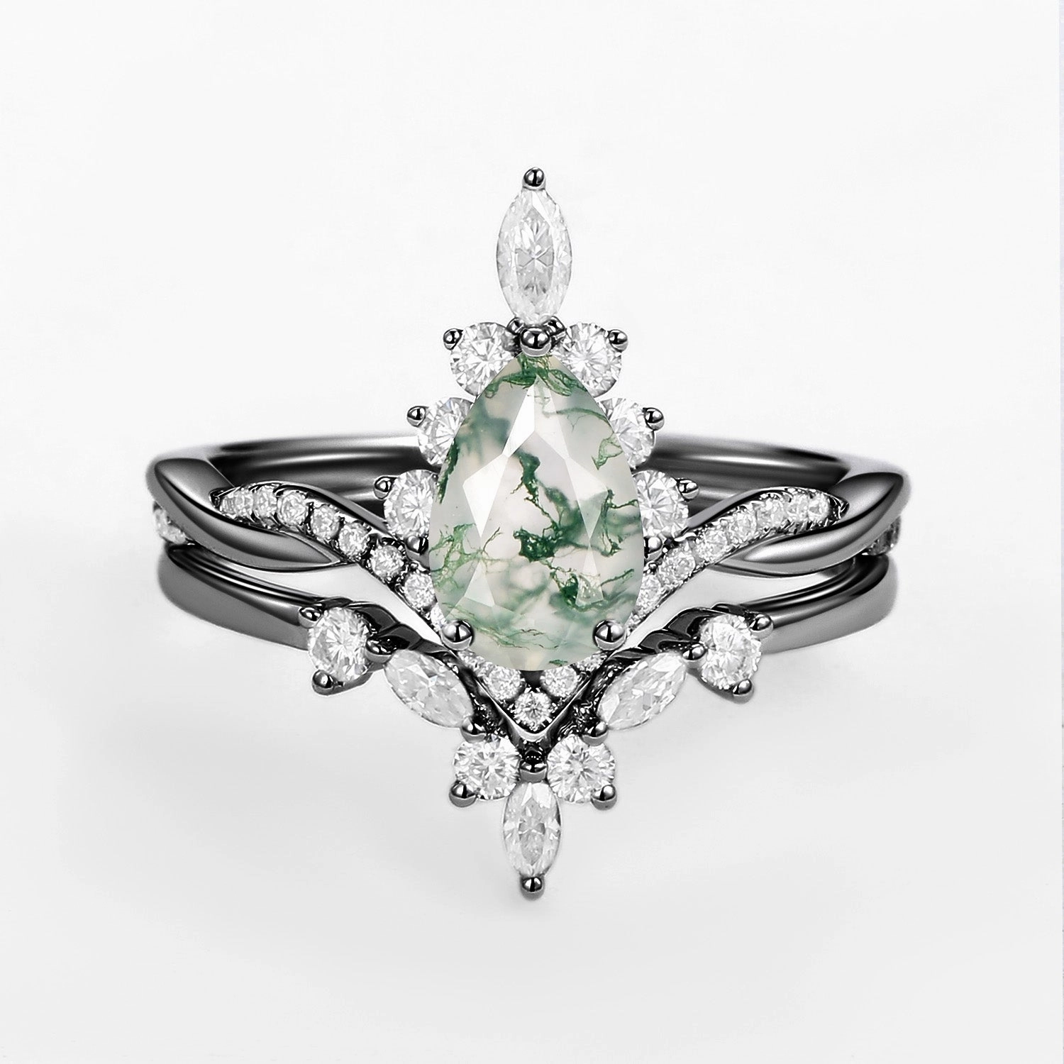 Unique Moss Agate Pear Shape Engagement Ring Sets 2pcs date night look Subtle Charm
