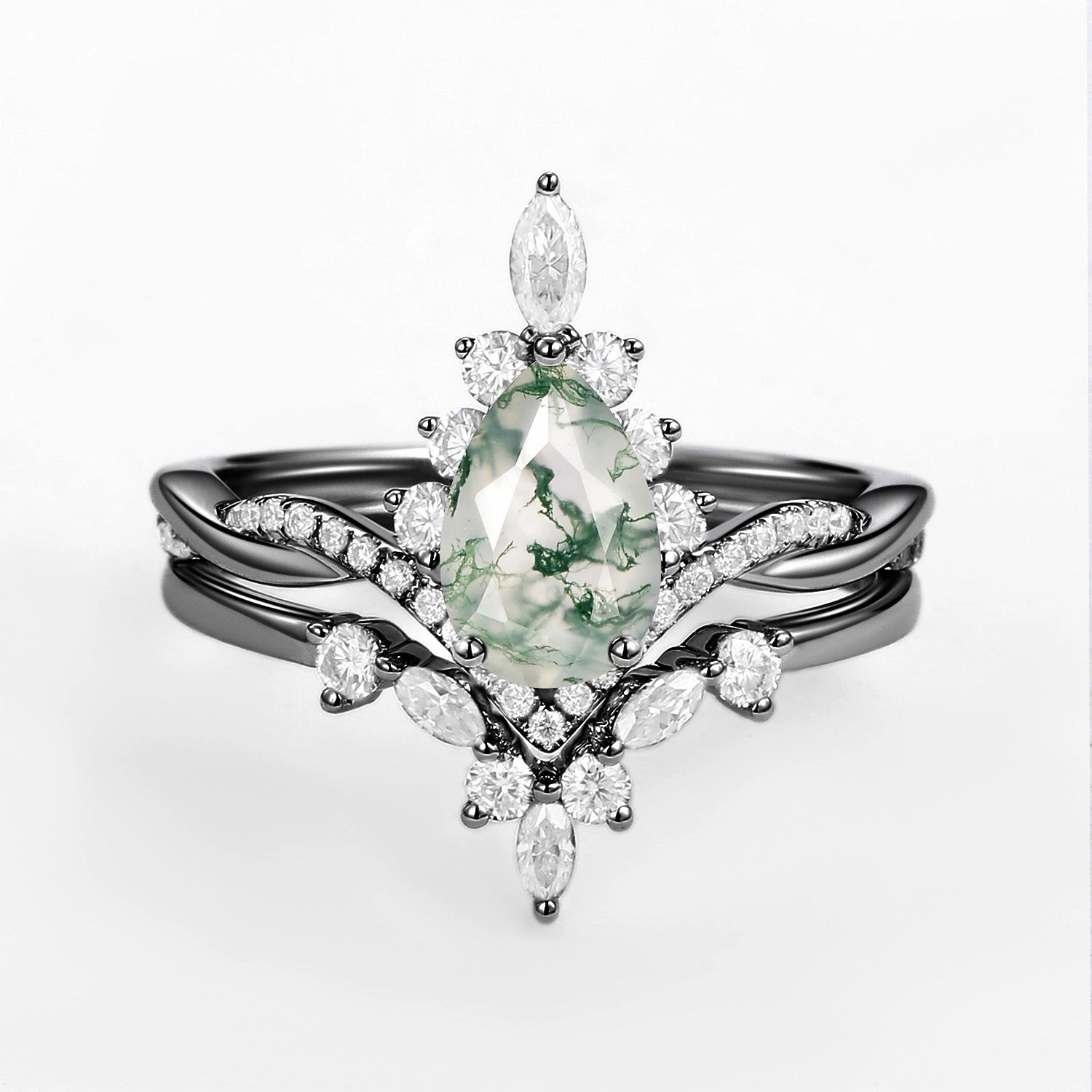 Sparkling Gift Bold Trinket Unique Moss Agate Pear Shape Engagement Ring Sets 2pcs
