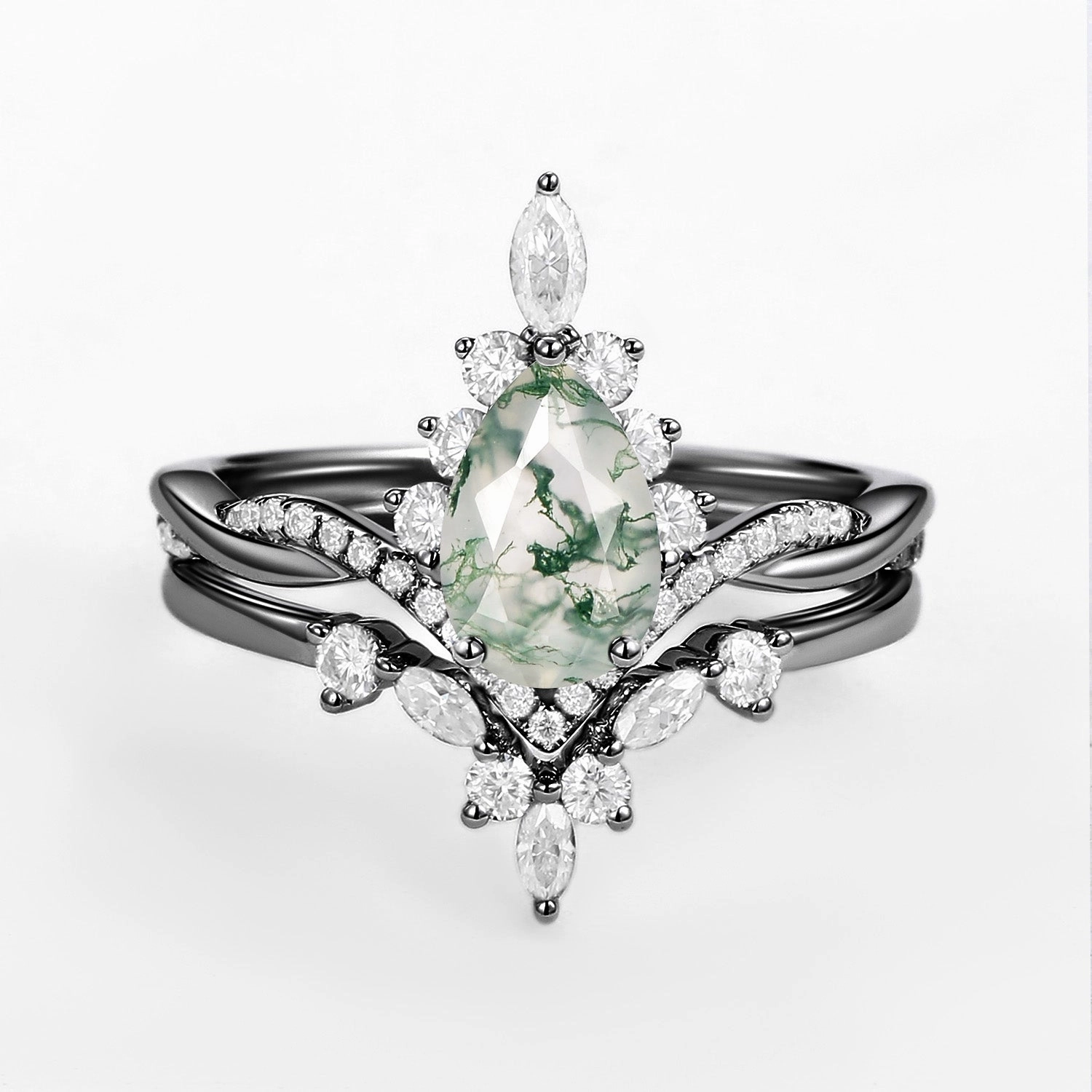 Unique Moss Agate Pear Shape Engagement Ring Sets 2pcs Curved Line
