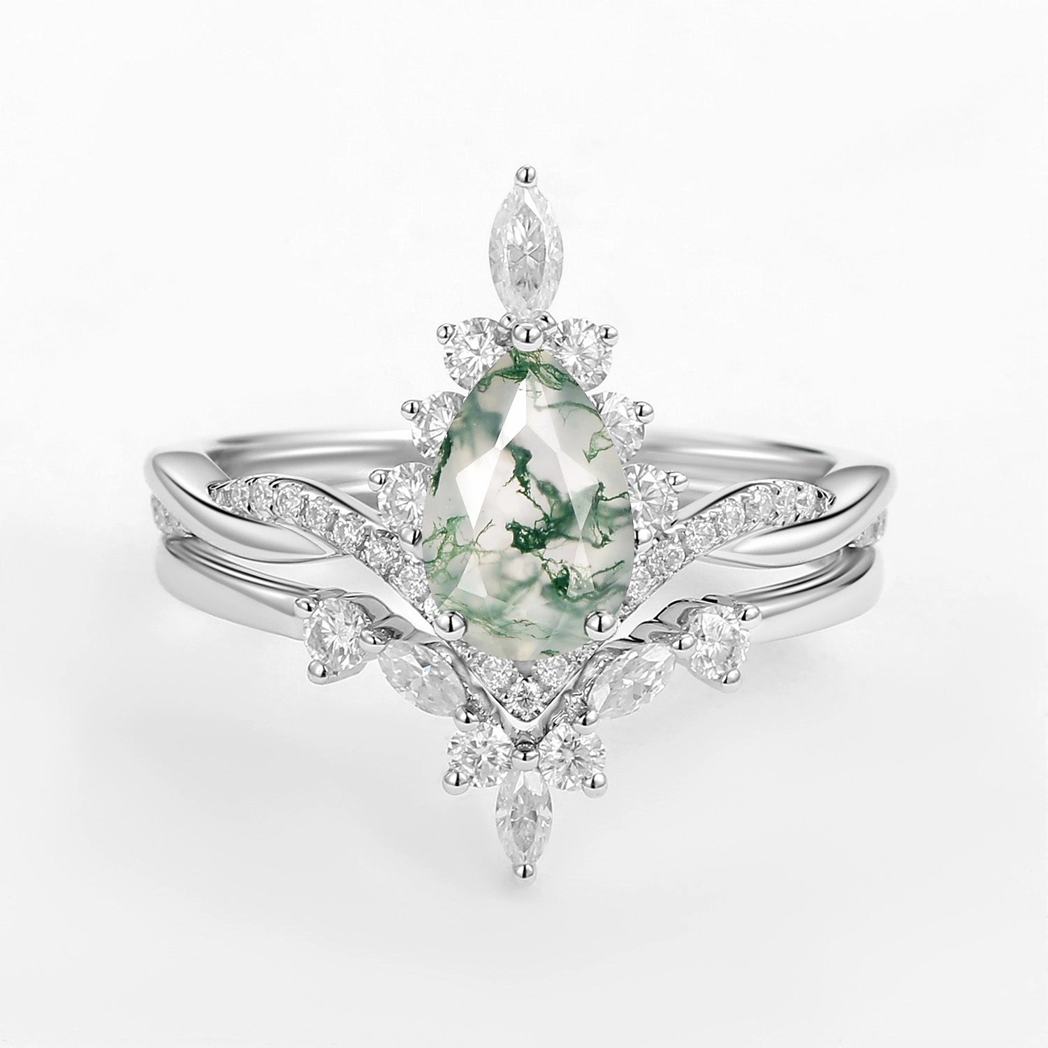 Timeless Flow Unique Moss Agate Pear Shape Engagement Ring Sets 2pcs