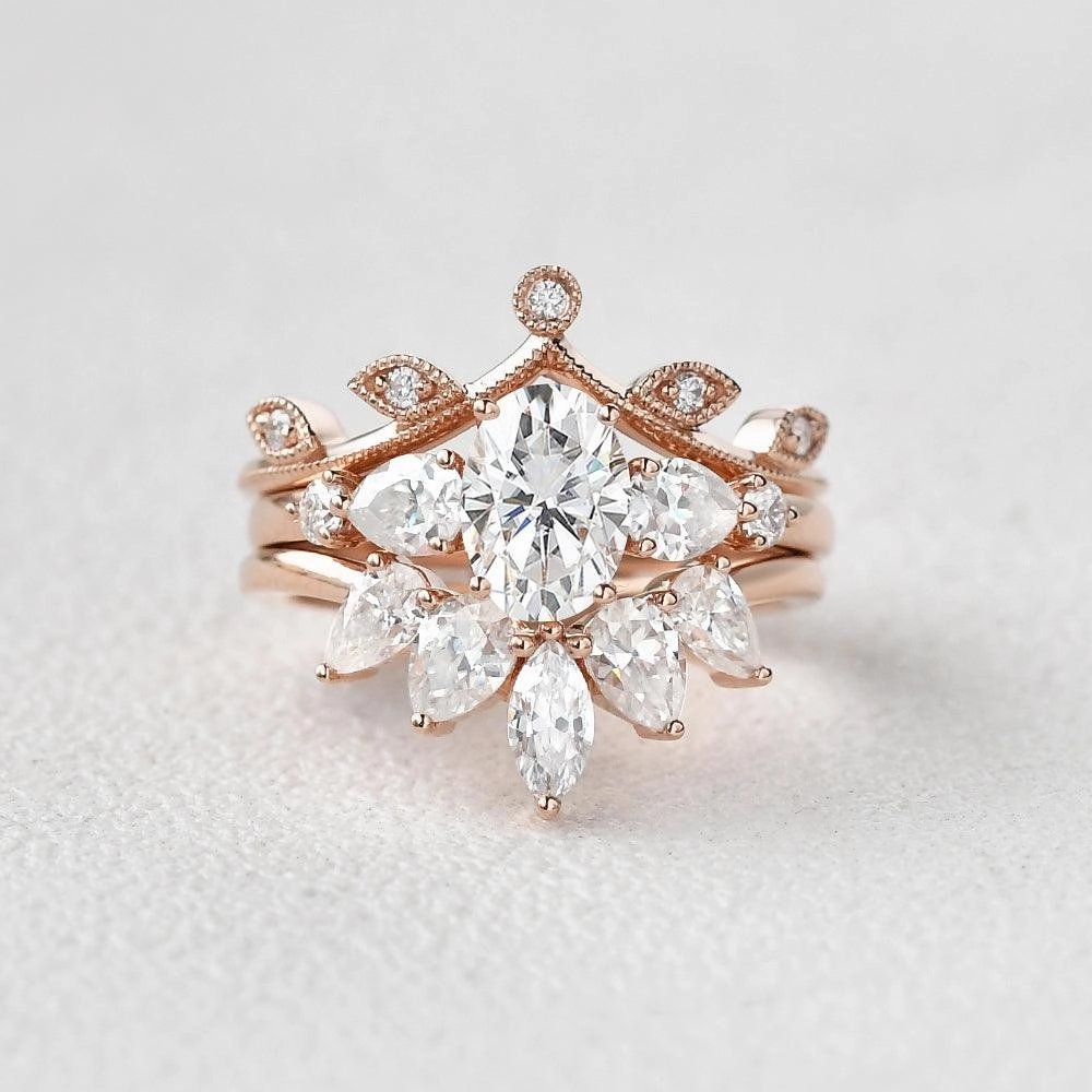 1.0ct Oval Moissanite Three-stone Leafy Ring Set 3pcs Delicate Edge