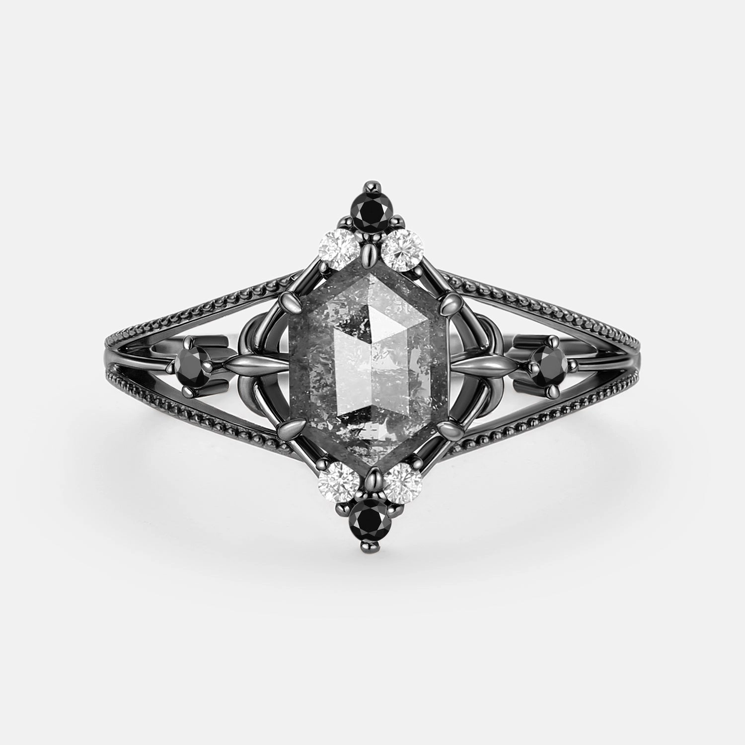 Hexagon Salt and Pepper Diamonds Unique Engagement Ring - Erebus Exquisite finish Winter Party