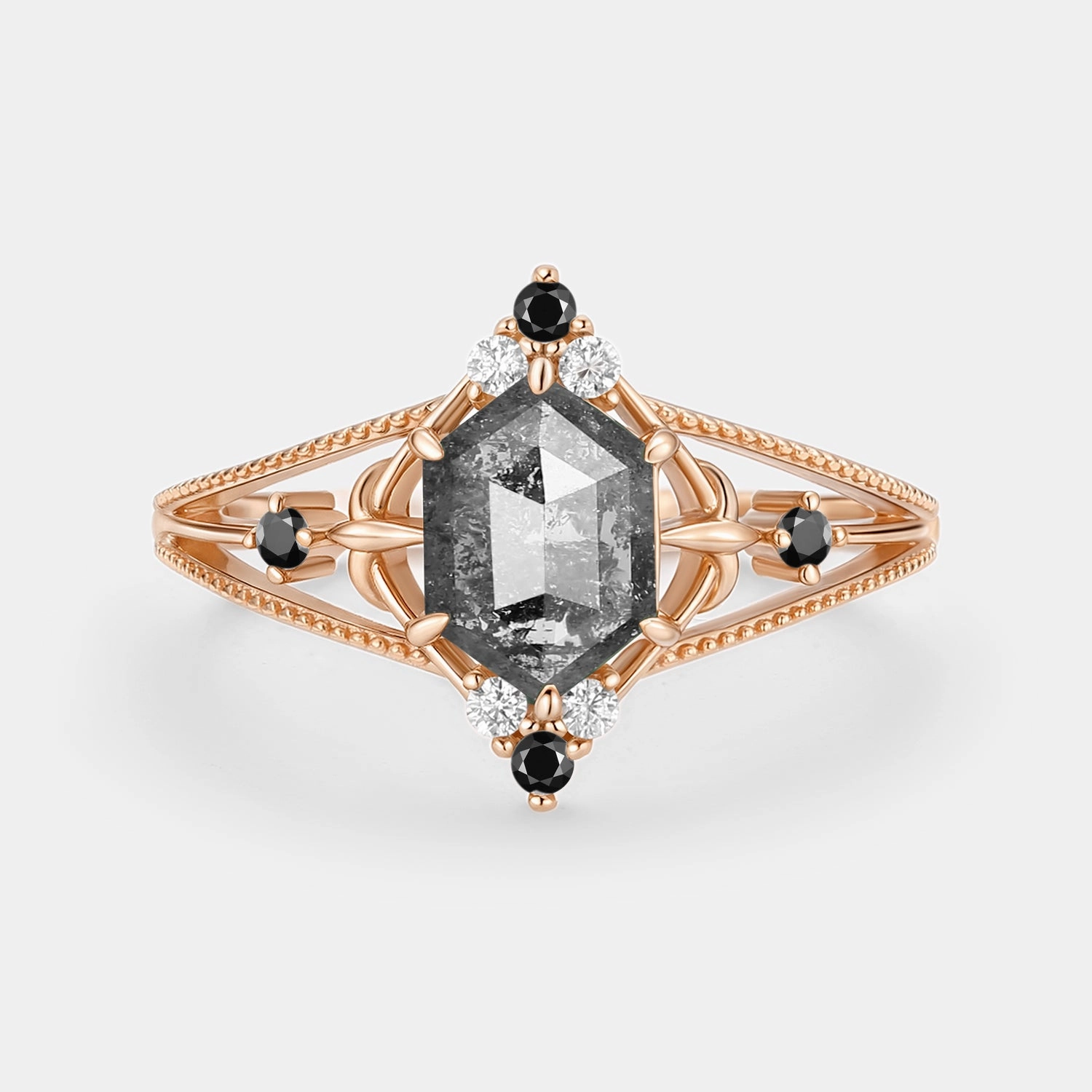 Hexagon Salt and Pepper Diamonds Unique Engagement Ring - Erebus Effortless Glimmer