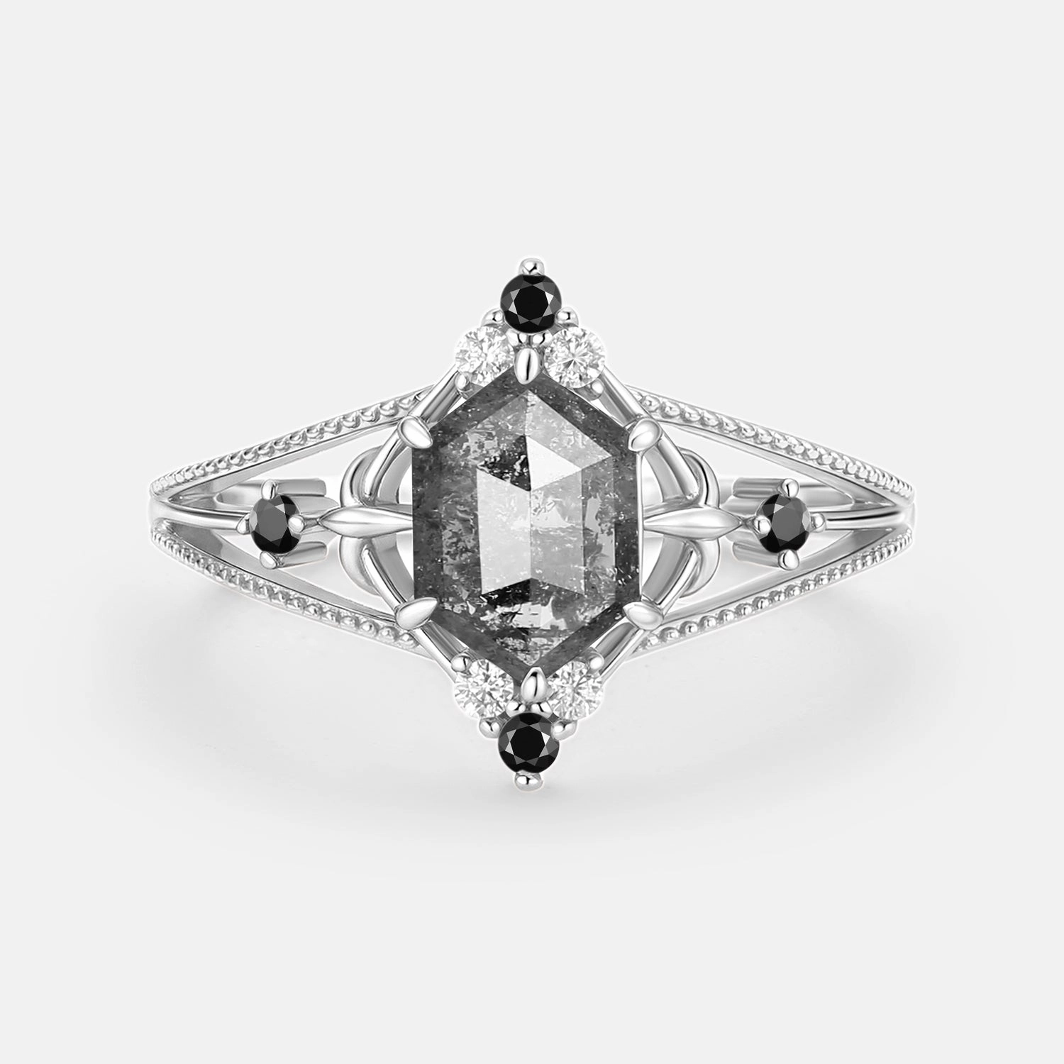 Petite Accent Hexagon Salt and Pepper Diamonds Unique Engagement Ring - Erebus