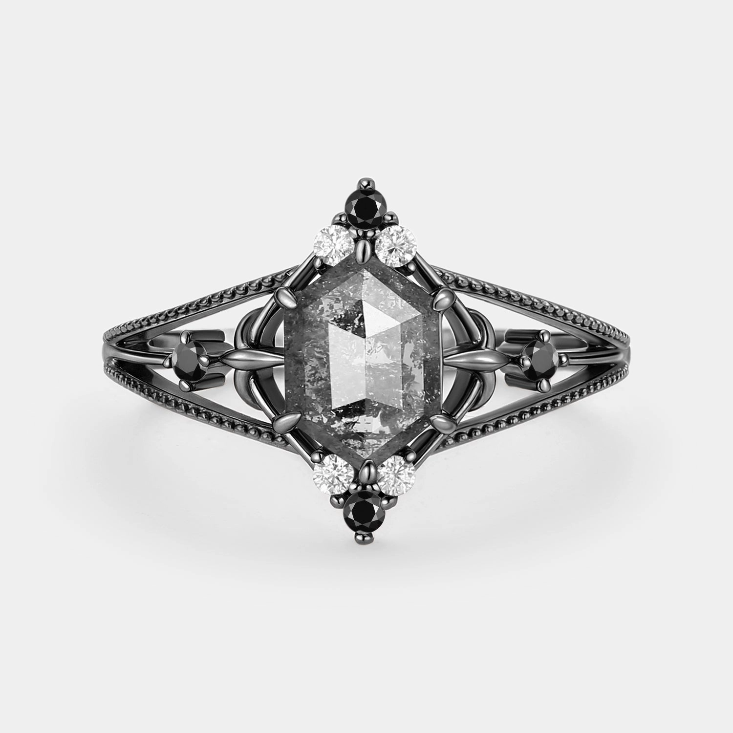Retro Inspired Daily Favorite Hexagon Salt and Pepper Diamonds Unique Engagement Ring - Erebus