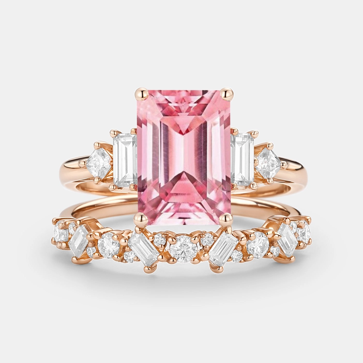 Understated Elegance Gleaming Form Emerald Cut Cluster Lab Pink Sapphire Yellow Gold Ring Set 2pcs - Peau