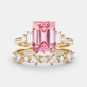 Emerald Cut Cluster Lab Pink Sapphire Yellow Gold Ring Set 2pcs - Peau Effortless Piece Modern Charm