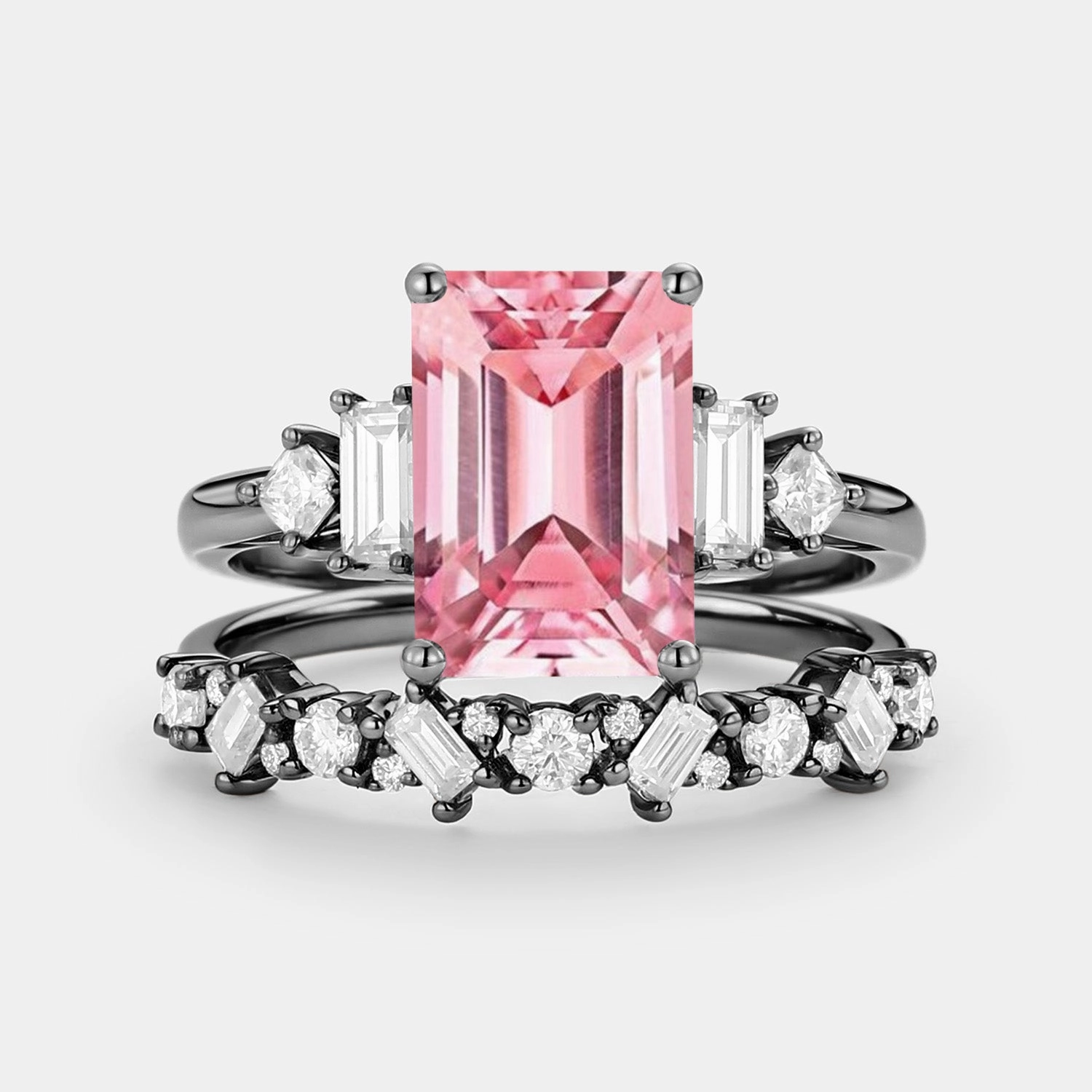 Emerald Cut Cluster Lab Pink Sapphire Yellow Gold Ring Set 2pcs - Peau Millennium Style Unique Design